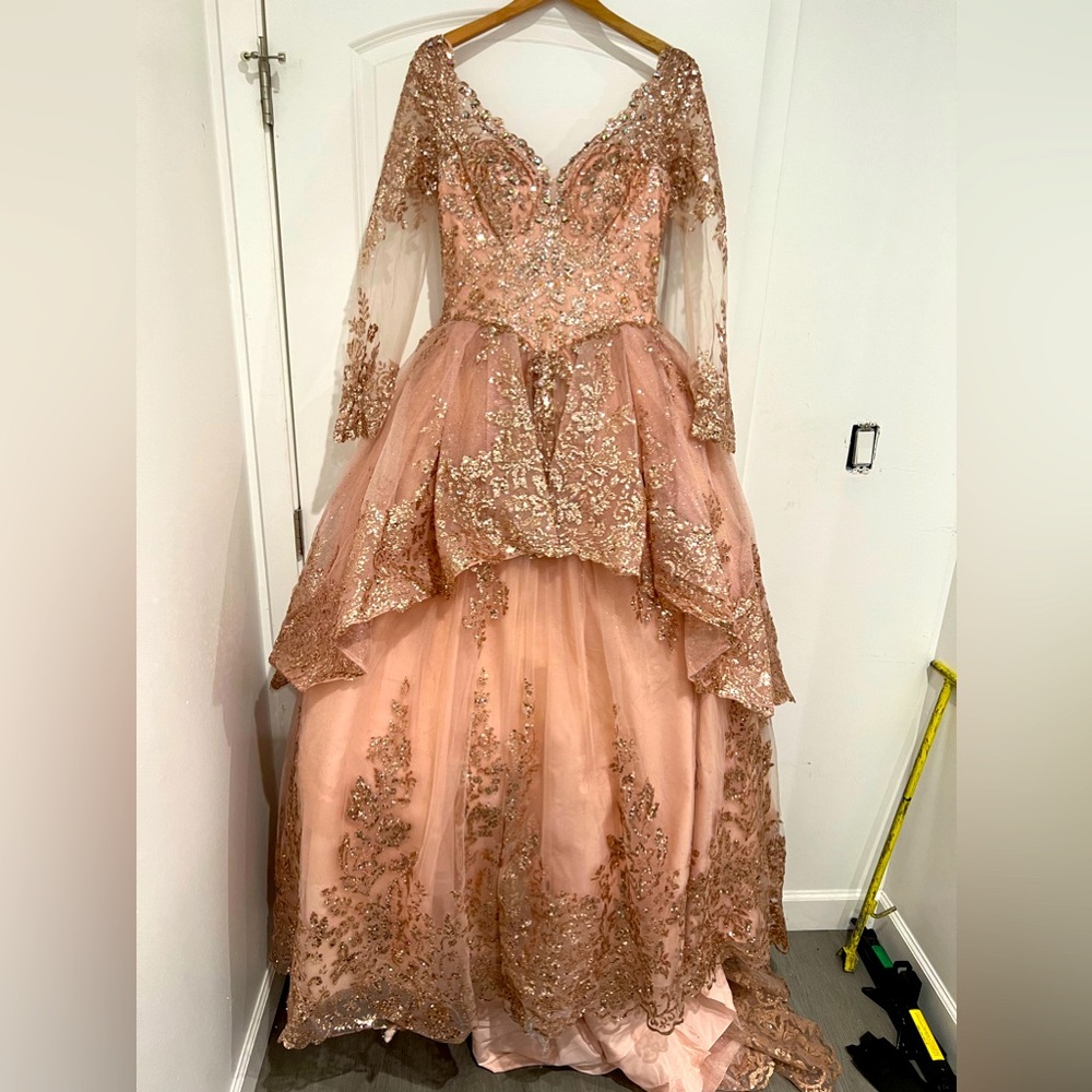 Rose Gold custom made Quince/Debut princess style ballroom gown w/train.